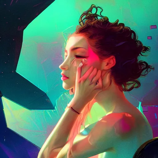 Image similar to young woman, gorgeous face, vaporwave aesthetic, synthwave, colorful, psychedelic, broken, shattered, beaten, sadness, crying, tears, artstation, concept art, smooth, extremely sharp detail, finely tuned detail, 8 k, unreal engine 5, ultra sharp focus, illustration, art by artgerm and greg rutkowski and alphonse mucha