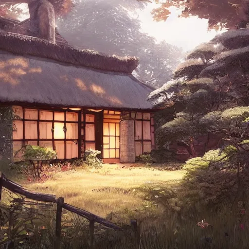 Image similar to concept art painting of an english cottage with japanese influence, in the woods, cozy, realistic, detailed, cel shaded, in the style of makoto shinkai and greg rutkowski and james gurney