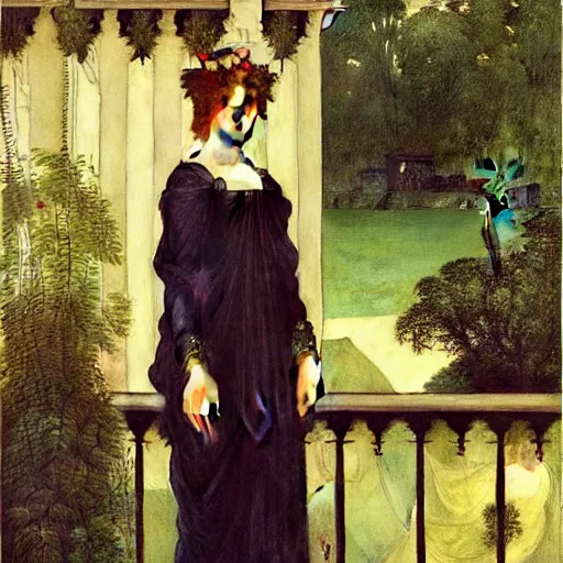 Image similar to A girl with on the front of a Balustrade porch with a hedge maze on the background, major arcana occult clothes, by paul delaroche, alphonse mucha and arnold böcklin arnold böcklin hyperrealistic 8k, very detailed