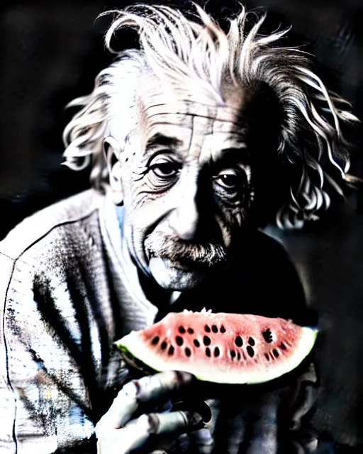 Prompt: A photo of Albert Einstein eating watermelon, highly detailed, trending on artstation, bokeh, 90mm, f/1.4