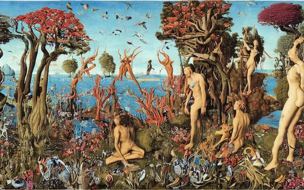 Prompt: a photograph of a meditating centaur shaman and a flayed mermaid feeding birds at a wide river delta. surrounded by bulbous flowers, animals and a few trees. cliffs under a blue sky of burning stars. painted by jan van eyck, max ernst, ernst haeckel, ernst fuchs and artgerm, trending on cgsociety, psychedelic patterns