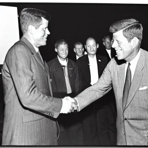 Prompt: vintage photo of jfk shaking hands with a grey alien at Area 51, 35mm photo