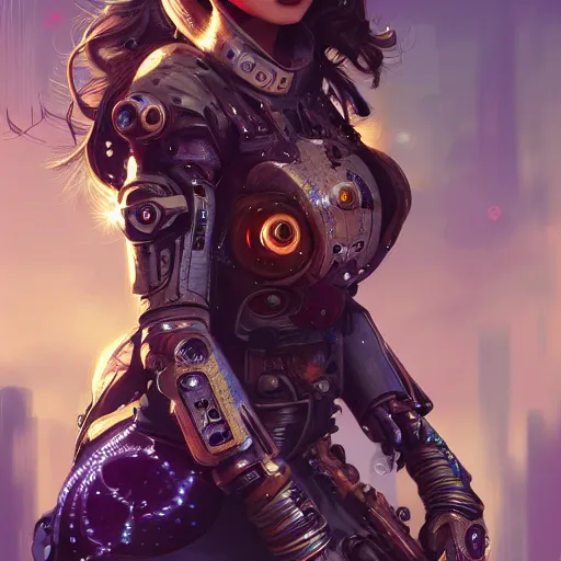 Prompt: portrait futuristic ana de armas steampunk half - cyborg cowgirl, neon light rooftop, fantasy, intricate and very very beautiful and elegant, highly detailed, digital painting, artstation, concept art, smooth and sharp focus, illustration, art by tan zi and ayanamikodon and alphonse mucha and wlop