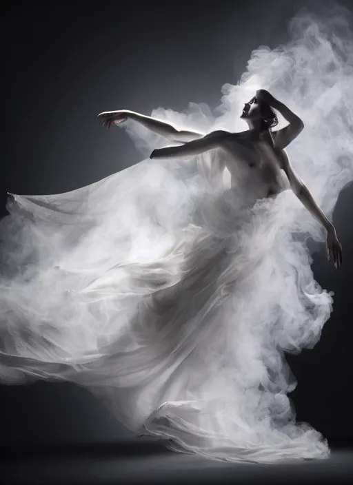 Image similar to a Photorealistic dramatic hyperrealistic render of a glamorous beautiful Female smoke dancer by Ken Brower and Deborah Ory of NYC Dance project,Lois Greenfield,Flowing cloth and smoke,Beautiful dynamic dramatic dark moody lighting,volumetric,shadows,cinematic atmosphere,Octane render,8K