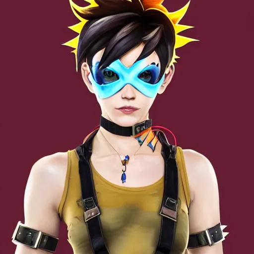 Image similar to oil painting of tracer overwatch in a field wearing spiked collar around neck, in style of peter kemp, expressive face, wearing choker with spikes, steel collar, detailed face, detailed eyes, full body, feminine face, tracer overwatch,