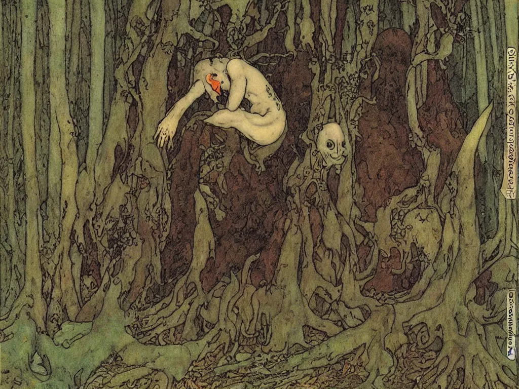 Image similar to a sad demon dressed like a harlequin, sitting in the forest on a tree stump and crying and sobbing. by Ivan bilibin and john bauer