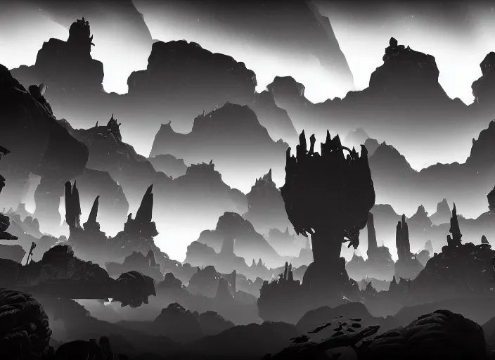 Image similar to deep rock galactic as a black and white etching, video game, cavern