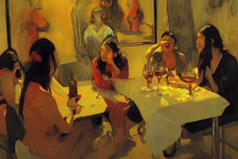 Prompt: cholas drinking brutal and raw wine, inside a tiny green room with red lights by joaquin sorolla, greg rutkowski, bill sienckiwicz, extremely detailed