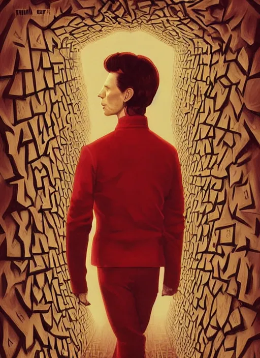 Image similar to twin peaks poster art, portrait of david bowie lost in the maze, other dimension, this is his fate for the next two years, by michael whelan, rossetti bouguereau, artgerm, retro, nostalgic, old fashioned