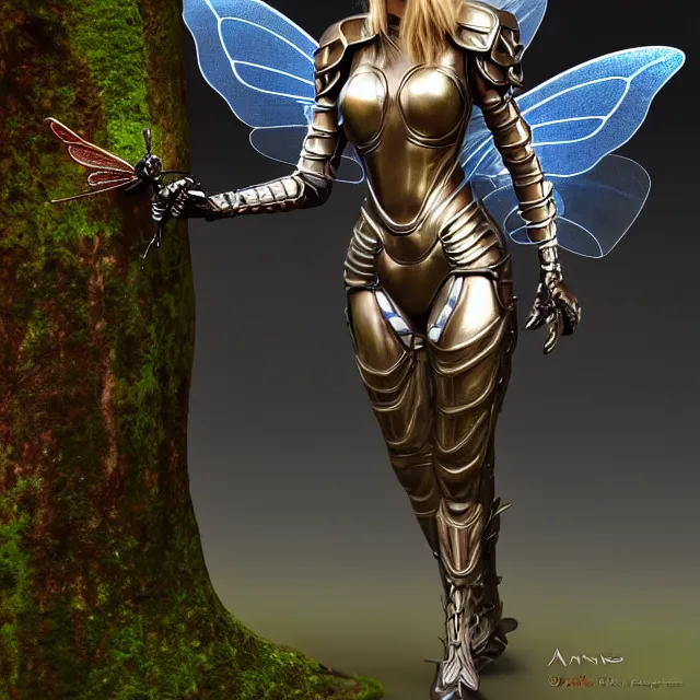 Image similar to adult fairy warrior with insectoid armour, 4 k, hdr, smooth, sharp focus, high resolution, award - winning photo, anne stokes, photorealistic