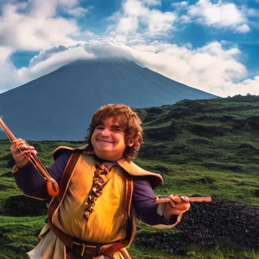 Image similar to Selfie photo of a halfling bard with volcano behind him