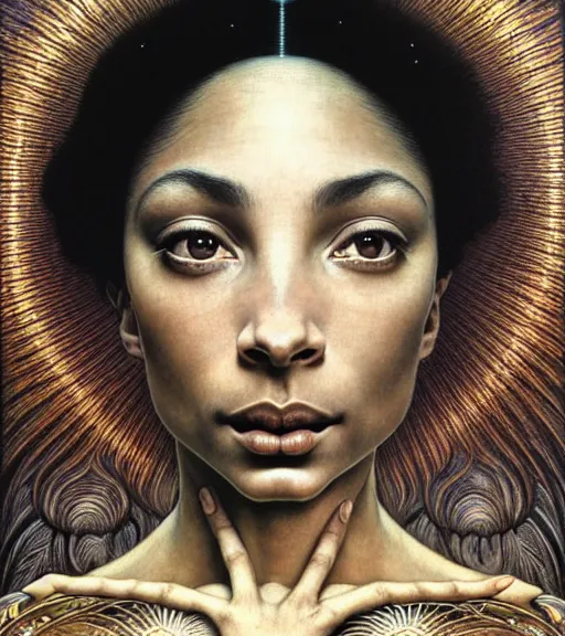 Image similar to detailed realistic beautiful young sade adu face portrait by jean delville, gustave dore and marco mazzoni, art nouveau, symbolist, visionary, baroque, intricate fractal. horizontal symmetry by zdzisław beksinski, iris van herpen, raymond swanland and alphonse mucha. highly detailed, hyper - real, beautiful