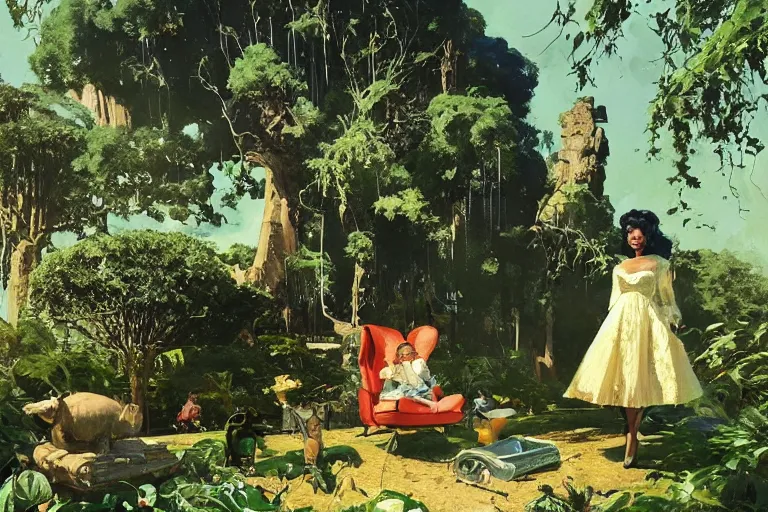 Image similar to 5 0 s pulp illustration of elegant black woman watching spacecraft land in garden of english country mansion, baobab trees, painted by norman rockwell, jack kirby, john berkey, bergey, craig mullins, ruan jia, raymond swanland, jeremy mann, tom lovell, morgan weistling, carl spitzweg