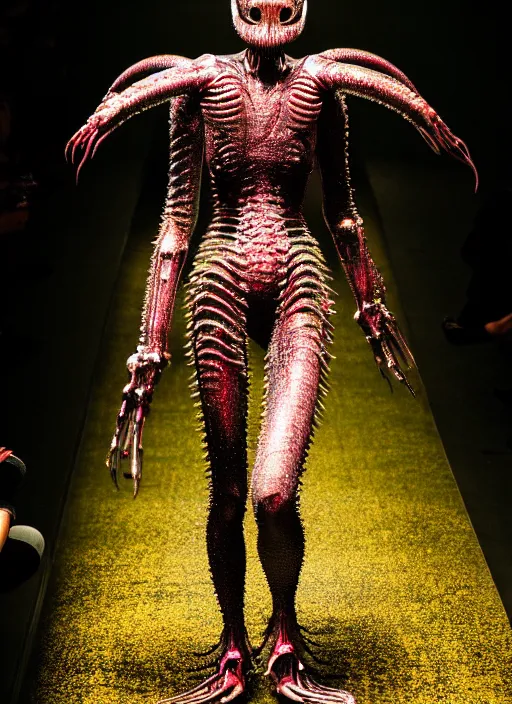 Image similar to walking down the catwalk, ben watts, show, stage, vogue photo, podium, fashion show photo, iris van herpen, beautiful woman, full body shot, helmet on face, masterpiece, plant predator, giger, guyver, jellyfish, biomechanical details, movie still, fauvism, cinestill, bokeh, gelios lens