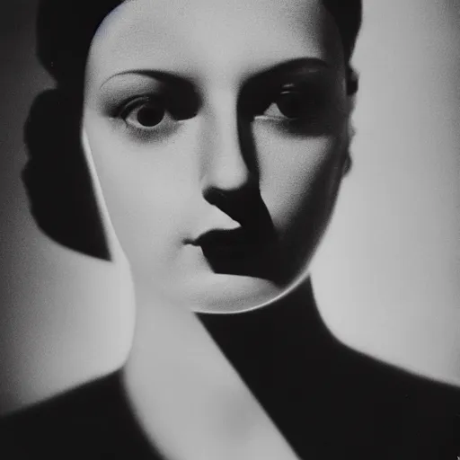 Prompt: close - up portrait of a mysterious woman with light and shadow on her face, by dora maar and man ray and lee miller, 1 9 3 4, photography, side lighting, cinematic lighting, very aesthetic, beautiful, light and shadow, masterpiece, black and white, tri - x 4 0 0