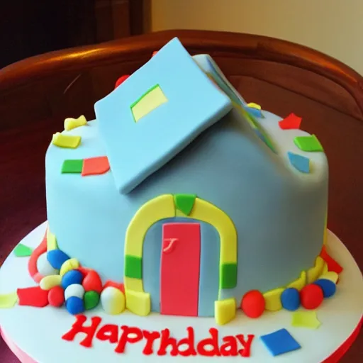 Prompt: photo of a birthday cake the size of a house