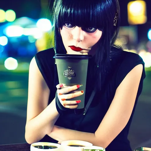 Prompt: slim independant goth girl sitting at a night market drinking a coffee, hasselblad, super realistic, perfect lighting, detailed, high contrast, bokeh, trending on artstation