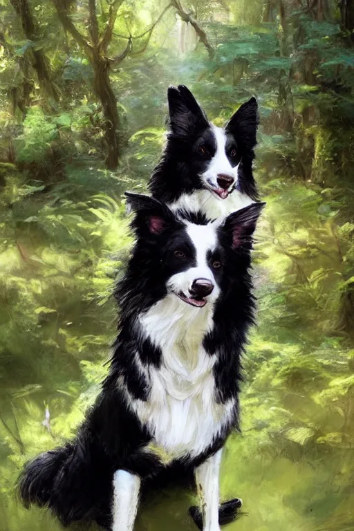 Image similar to portrait of a cute male anthropomorphic border collie fursona wearing a suit in a sunny glade. by henry asencio, jon foster, and ross tran. scenic background, highly detailed, concept art, furry, glamor pose, elegant, aesthetic, beautiful, trending on artstation, top rated on furaffinity and deviantart