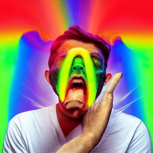 Prompt: the man vomits rainbows out of his eyes