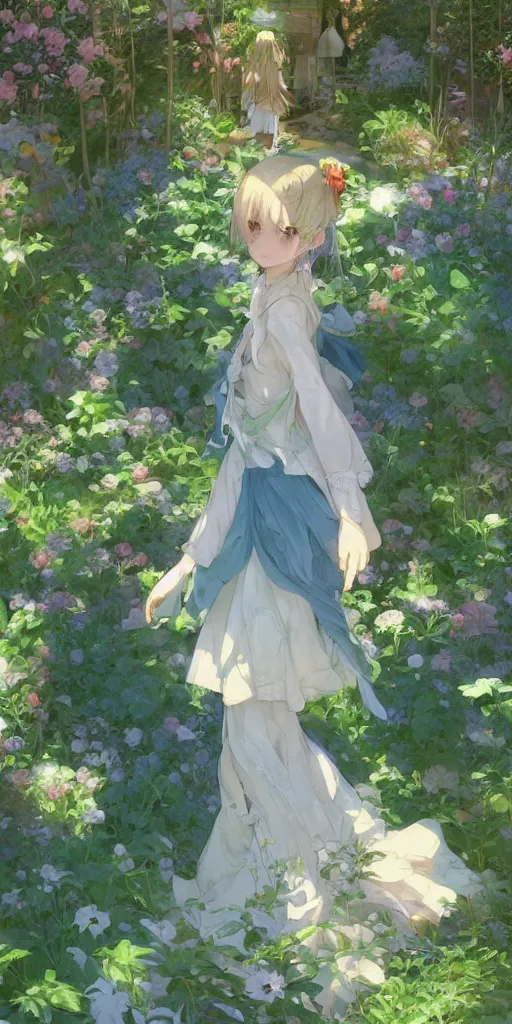 Image similar to a depressed digital art, loli in dress, garden, green and warm theme, blue accents, back lighting, highly detailed, 4 k resolution, trending on art station, by krenz cushart and mucha and akihito yoshida and greg rutkowski and makoto shinkai