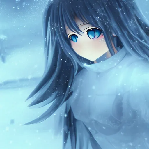 Prompt: anime girl with wings in a snowy tundra, beautiful, extremely detailed, foggy, snow, anime, cinematic lighting, blue eyes, white dress, moonlight, stars,