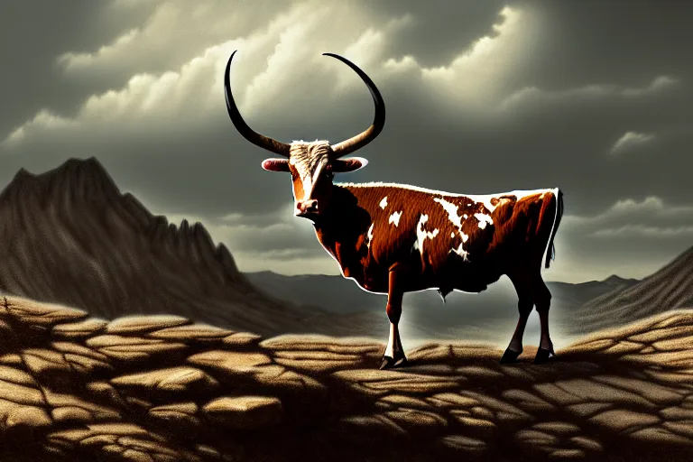 Prompt: a sketch of a longhorn steer on a high bluff in big bend, key visual, extremely moody, highly detailed, digital painting, sharp focus, illustration, unreal engine