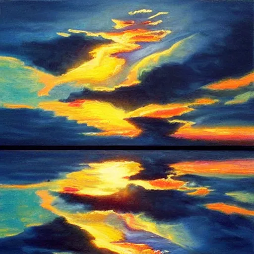 Image similar to oil painting, photorealistic, symmetrical, sunset, reflection on water, ufo floating above water, dolphins in water, horror, ominous