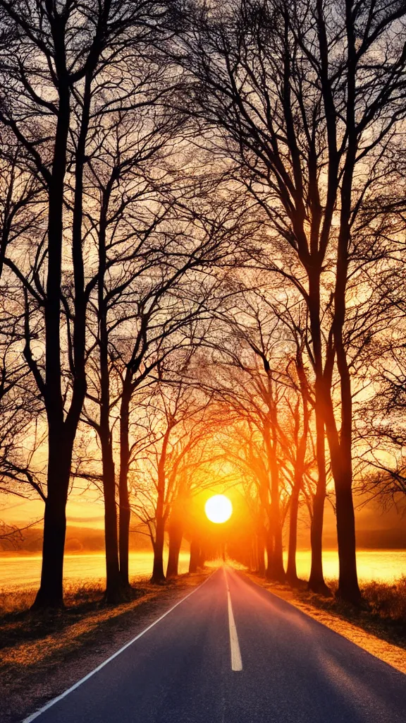 Image similar to beautiful sunset with a road of aligned trees, epic stock photo