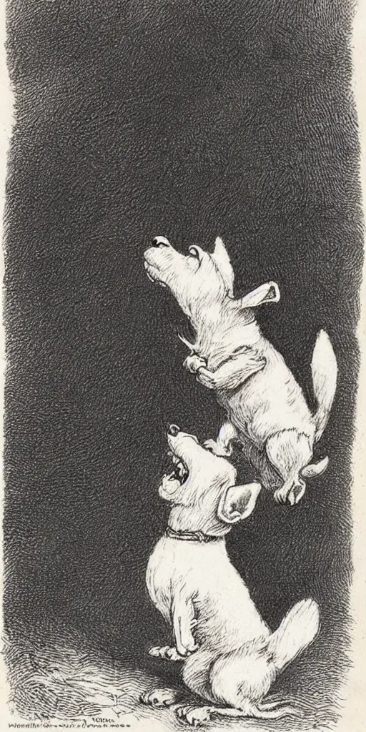 Prompt: jack russel dog looking up and howling with mouth open sad, highly detailed, side view, illustrated by peggy fortnum and beatrix potter and sir john tenniel