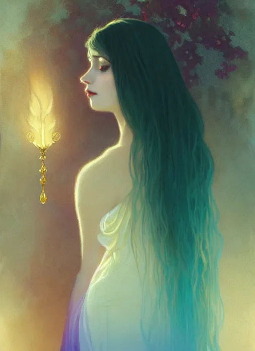 Image similar to ombre velvet gown, lovely queen, portrait, long hair, small crown, large faceted gemstone necklaces, feral languid woman, by greg rutkowski, anato finnstark, alphonse mucha, global illumination, radiant light