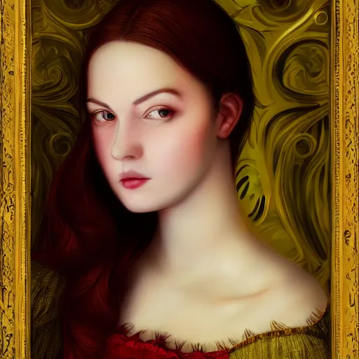 Prompt: half headshot of a young beautiful woman half turned to the viewer, tired face, almost smiling, young , Pre-Raphaelite, 4k, cinematic, trending on art station, waiting, green, red, golden shades in a baroque golden mirrors hall