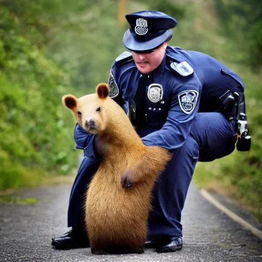 Image similar to capybara policeman arresting a bear