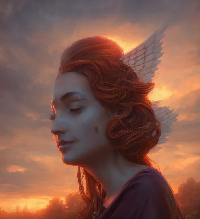 Image similar to centered waist up portrait photography an angel + bokeh + DOF + 8k, photorealistic + rendered in unreal engine + colors and composition by Peter Mohrbacher + line work by Dan Mumford , ultra realistic + backlit + strong rimlight, sunset + HDRI, HD, Photoreal