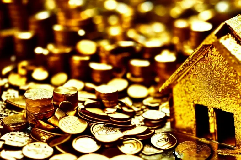 Image similar to a house, made of gold, under construction, with builders, with piles of coins around it