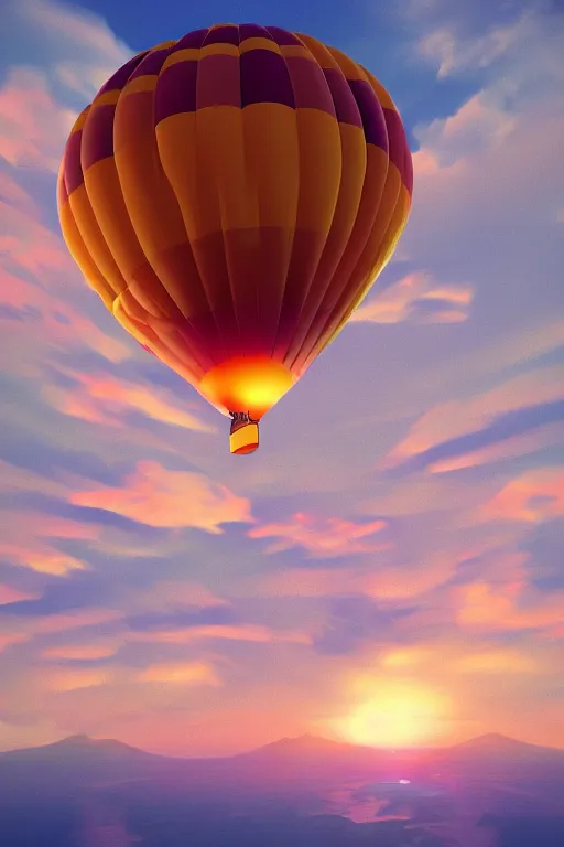 Image similar to sunrise mountain water hot air balloon digital art by bo xun lin trending on artstation