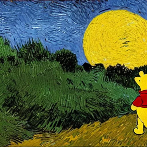 Image similar to winnie the pooh standing on a hill with sunset in background, oil painting, art by vincent van gogh