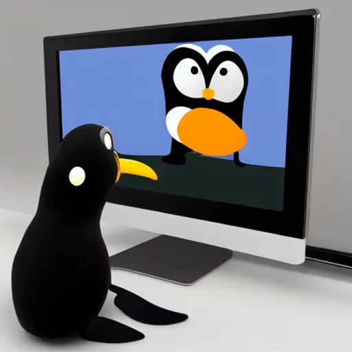 Image similar to pingu sitting behind a computer, 3 d render,, art, epic lighting