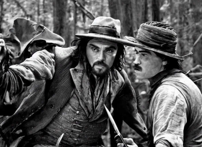 Image similar to an action scene from the movie gangs of new york, filmed in a dark forest, medium long shot, leonardo dicaprio and daniel day - lewis, sharp eyes, serious expressions, detailed and symmetric faces, black and white, cinematic, epic,