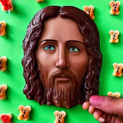 Prompt: portrait of jesus on the cross made of gummi bears