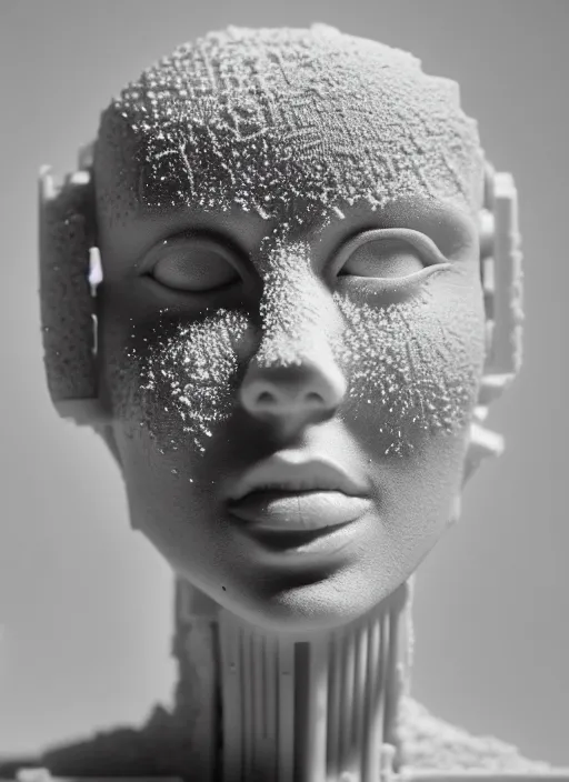Image similar to a young female cyborg bust made of ice and concrete, dramatic, ilford hp 5, closeup - view, f / 2. 8, high contrast, 1 6 k, fluorescent lamp, contre - jour, insanely detailed and intricate, hypermaximalist, elegant, ornate, hyper realistic, super detailed