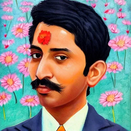 Image similar to indian guy standing and holding flowers, looking nostalgic, in love, dapper,full portrait, artwork by Cheng, Hsiao-Ron and Wes Anderson