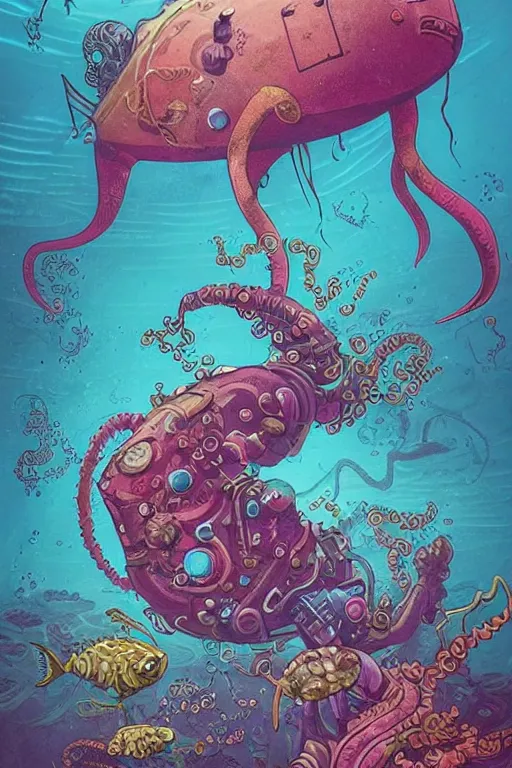 Image similar to a picture of mysterious colourful underwater creature, being discovered by a man in a steampunk diving suit. water is deep aquamarine coloured. poster art by james jean, concept art, behance contest winner, very detailed, award - winning. lovecraftian, cosmic horror, bioluminescence, submechanophobia