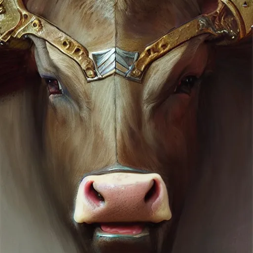 Image similar to cow knight as a realistic fantasy knight, closeup portrait art by donato giancola and greg rutkowski, realistic face, digital art, trending on artstation, symmetry!!