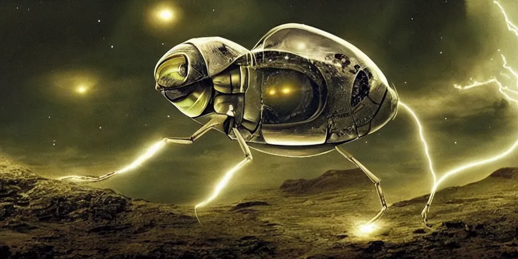 Prompt: lightning bug descendant 1 million in the future is a quadruped with big eyes. the bug wears a spacesuit, and explores the cosmos in a bug - shaped spaceship. science fiction blockbuster movie bugs save the planet or the love bug from saturn, up ( film, 2 0 0 9 )