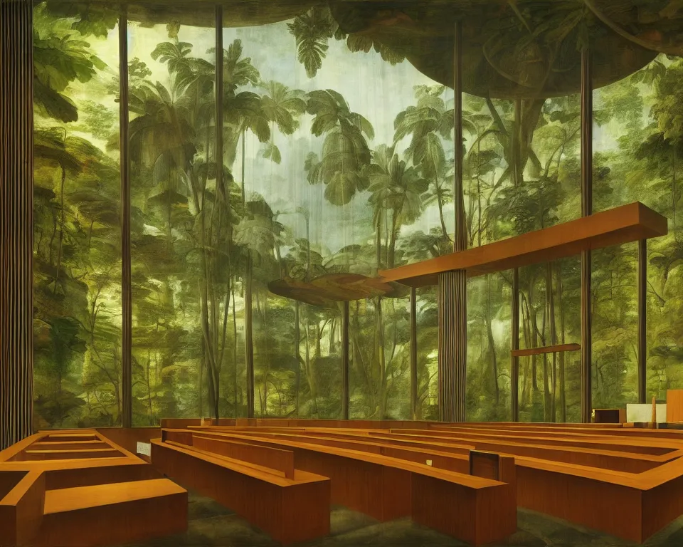 Prompt: a modernist courtroom in the rainforest by raphael and hopper. hyperdetailed, proportional, romantic, enchanting, achingly beautiful, graphic print, trending on artstation, jungle, tropical, foliage