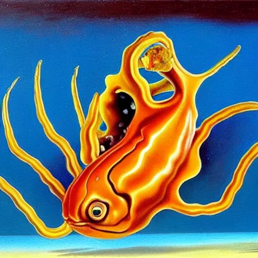 Image similar to oil painting of caramel cornstar fish by salvador dali, highly detailed, painted by someone who paints with their toes