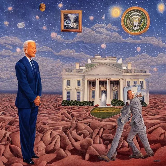 Prompt: an oil on canvas portrait painting of joe biden at the white house, surrealism, surrealist, cosmic horror, rob gonsalves, high detail