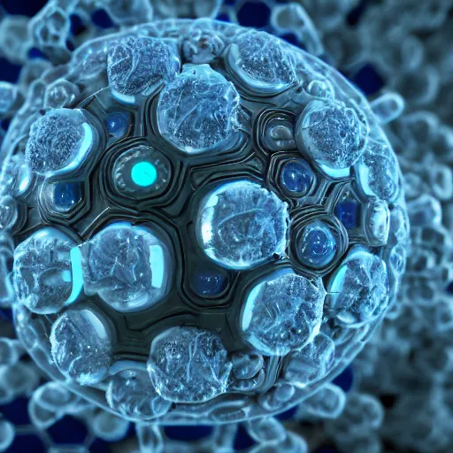 Prompt: blue, 4octane render of molecules fighting virus,cells, microscopic, intricate, detailed, studio, concept art, 4k, sharp focus, art by anthony macbain + alphonse mucha