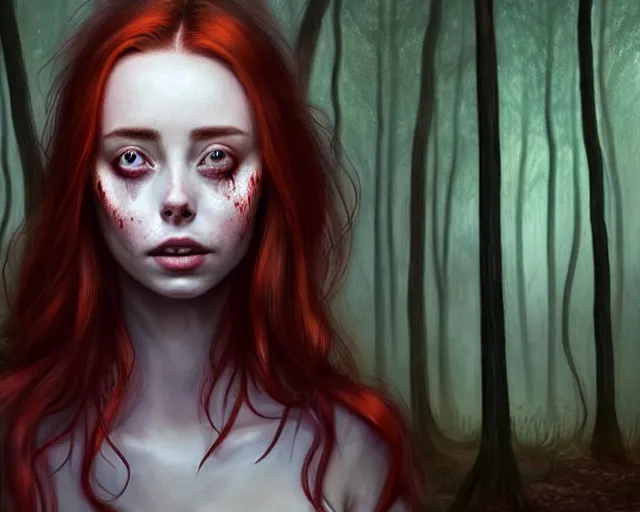 Image similar to surrounded by trees, realistic character concept, gorgeous Kacey Rohl, red hair, small freckles, symmetrical face, symmetrical eyes, full body, covered in blood, dark forest, trees, shorter neck, cinematic lighting, Joshua Middleton and artgerm, Wendigo creature with antlers and a deer skull face lurking in the background, fear anxiety terror