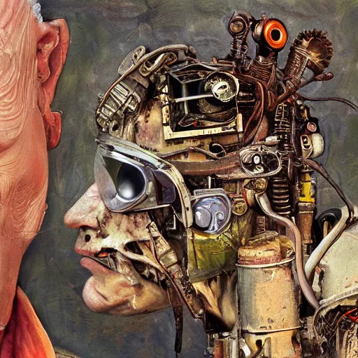 Prompt: junky men repair his head, cybertronic gadgets and vr helmet, flesh + technology, durty colours, rotten textures, rusty shapes, ralph meyer, biotechnology, norman rockwell, viktor safonkin, dariusz zawadzki, bruce pennington, larry elmore, intricate details, hyperrealistic oil painting on canvas, deep depth field